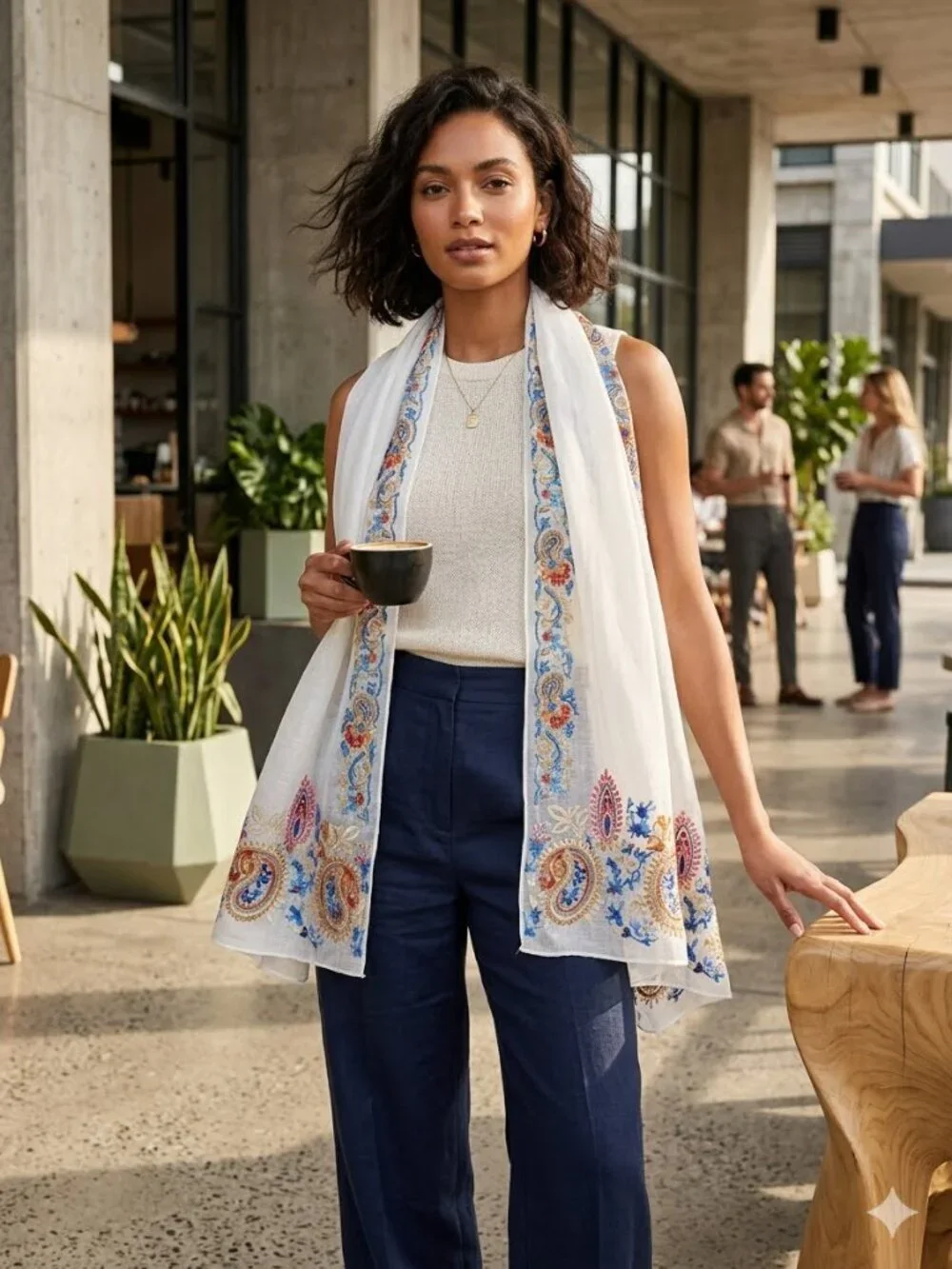 Scarf Women's Rectangle White Detailed Floral Embroidered Linen Blend Boho City